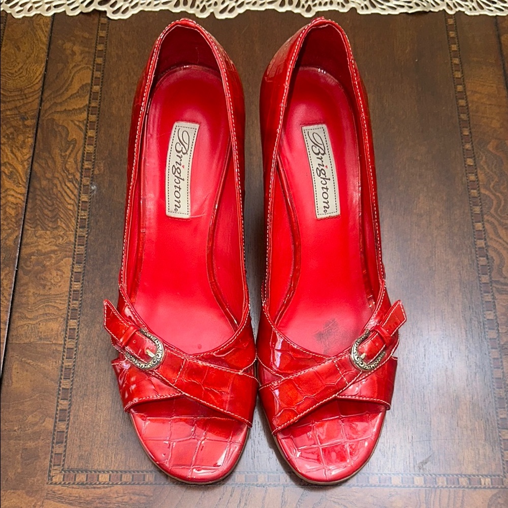 Brighton Red Patent Leather Heels with Buckle Detail